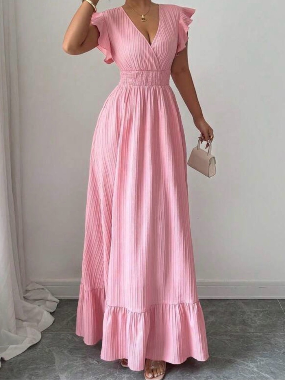 Romantic Pink Maxi Dress with Flutter Sleeves